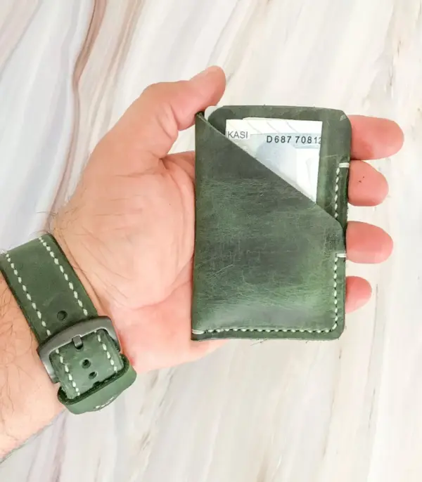 Minimal Handmade Dark Green Leather Card Wallet